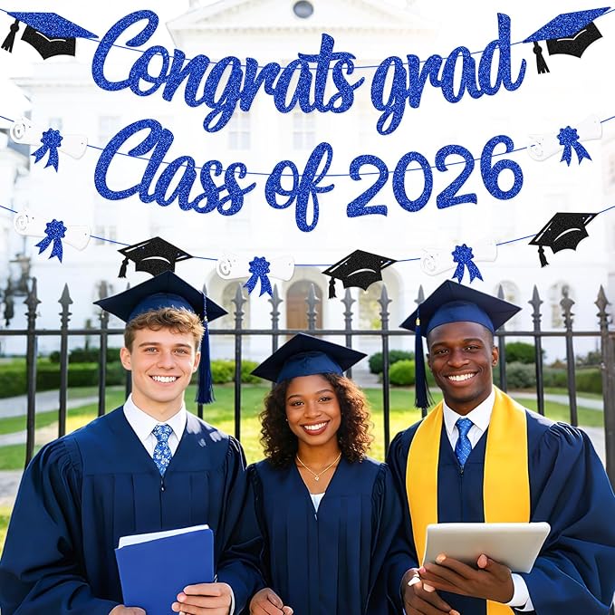 Congrats Grad Class of 2026 Banner Graduation Cap Diploma Theme Party Decoration for for High School College University Senior 2026 Celebrate Party Supplies (Blue)