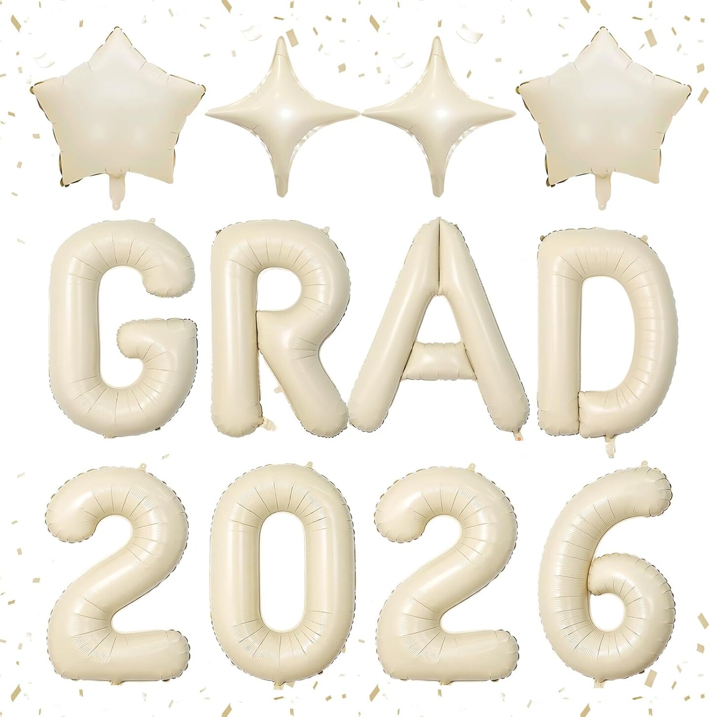 Graduation Party Balloons – 12-Piece White Sand “GRAD 2026” Foil Balloon Set with Star Accents for Class of 2026 Graduation Decorations & Photo Backdrop