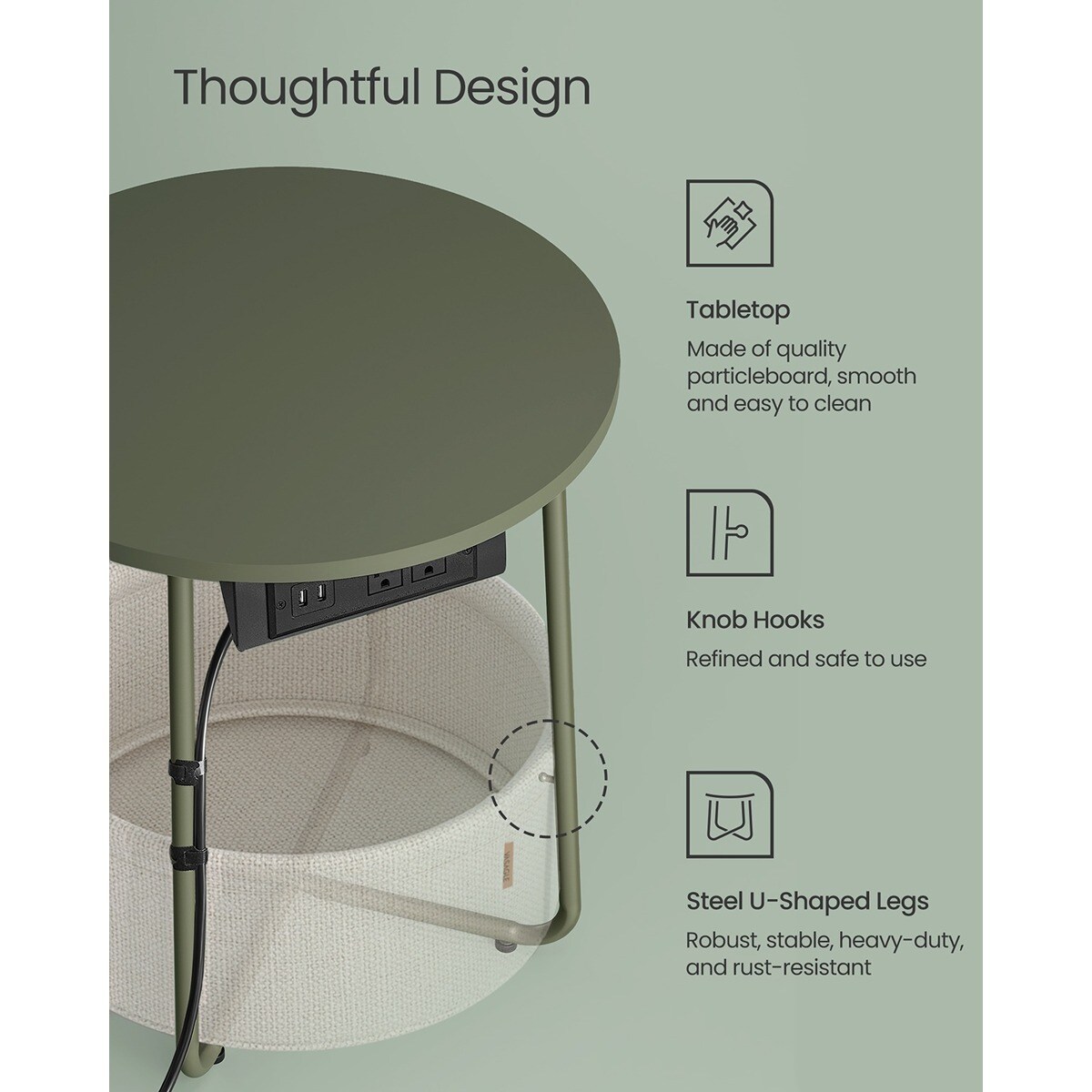 Round Side Table with Charging Station 2 AC Outlets 2 USB Ports Fabric Storage Basket Small End Table Forest Green