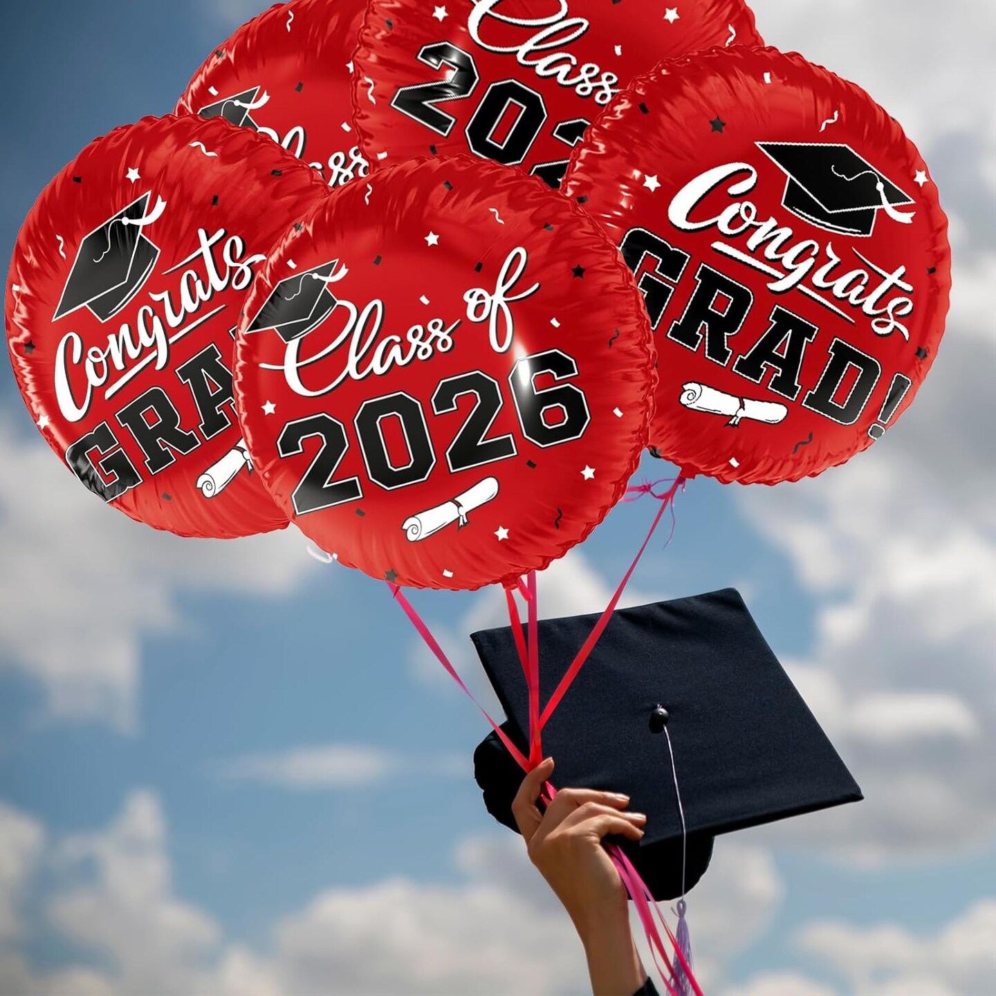 Graduation Party Balloons – Class of 2026 12-Piece 18” Red “Congrats Grad” Foil Balloon Set with Double-Sided Design for Graduation Decorations & Celebration Supplies