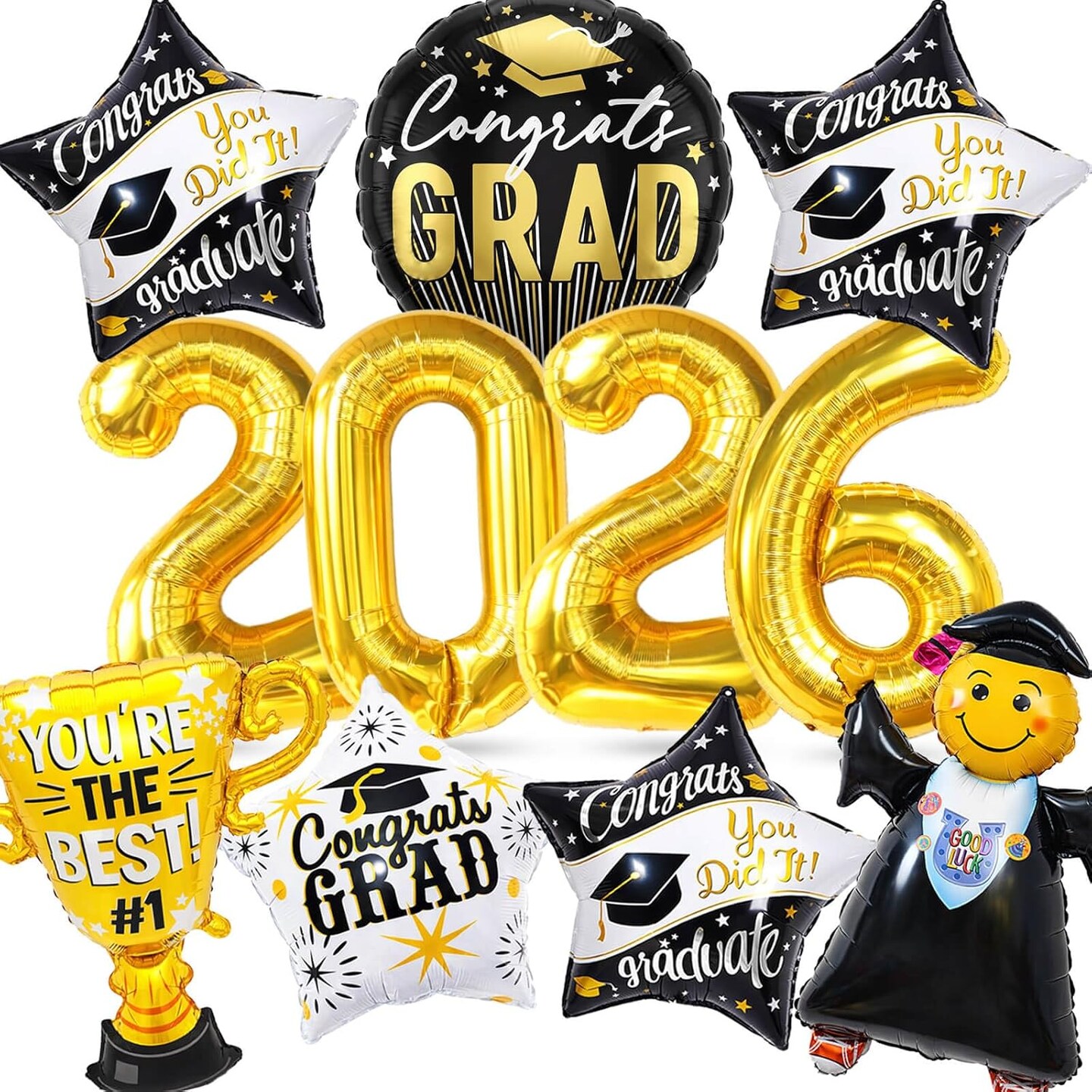 Graduation Party Balloons – 13-Piece Class of 2026 Black & Gold Foil Balloon Set with Giant 2026 Numbers, Trophy, Star & Congrats Grad Mylar Balloons for Graduation Decorations