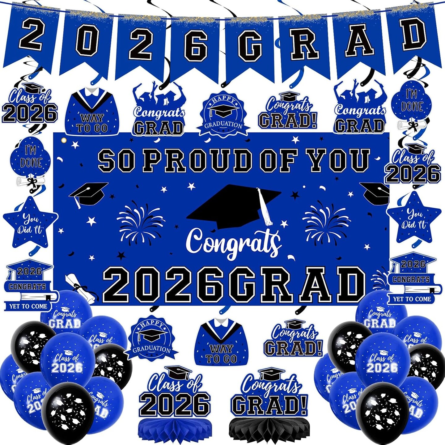 Graduation Party Decoration – 59PCS Class of 2026 Blue Graduation Decor Set with Backdrop, Balloons, Banner, Hanging Swirls & Centerpieces for All Grade Graduation Celebrations