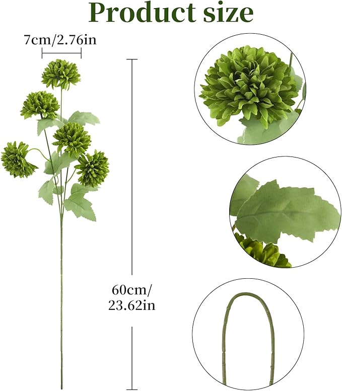 12Pcs Faux Flowers for Vase with Long Stem 23.6'' Green Chrysanthemum Flowers Artificial Spring Kiku Mums Silk Floral Arrangement for Easter Day Cemetery Home Kitchen Table Centerpiece Decor