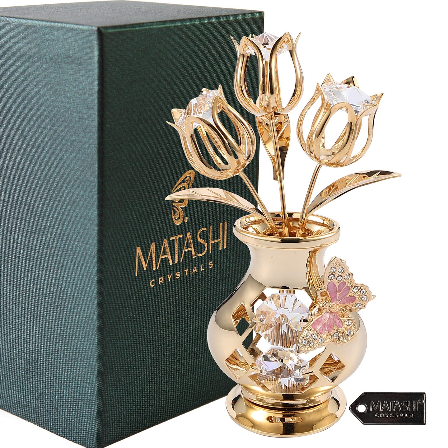 24K Gold Plated Crystal Flower Figurine with Clear Crystals & Butterfly – Luxury Decorative Tulip Statue, Elegant Tabletop Home Décor, for Mother's Day, Valentine's Day, Christmas