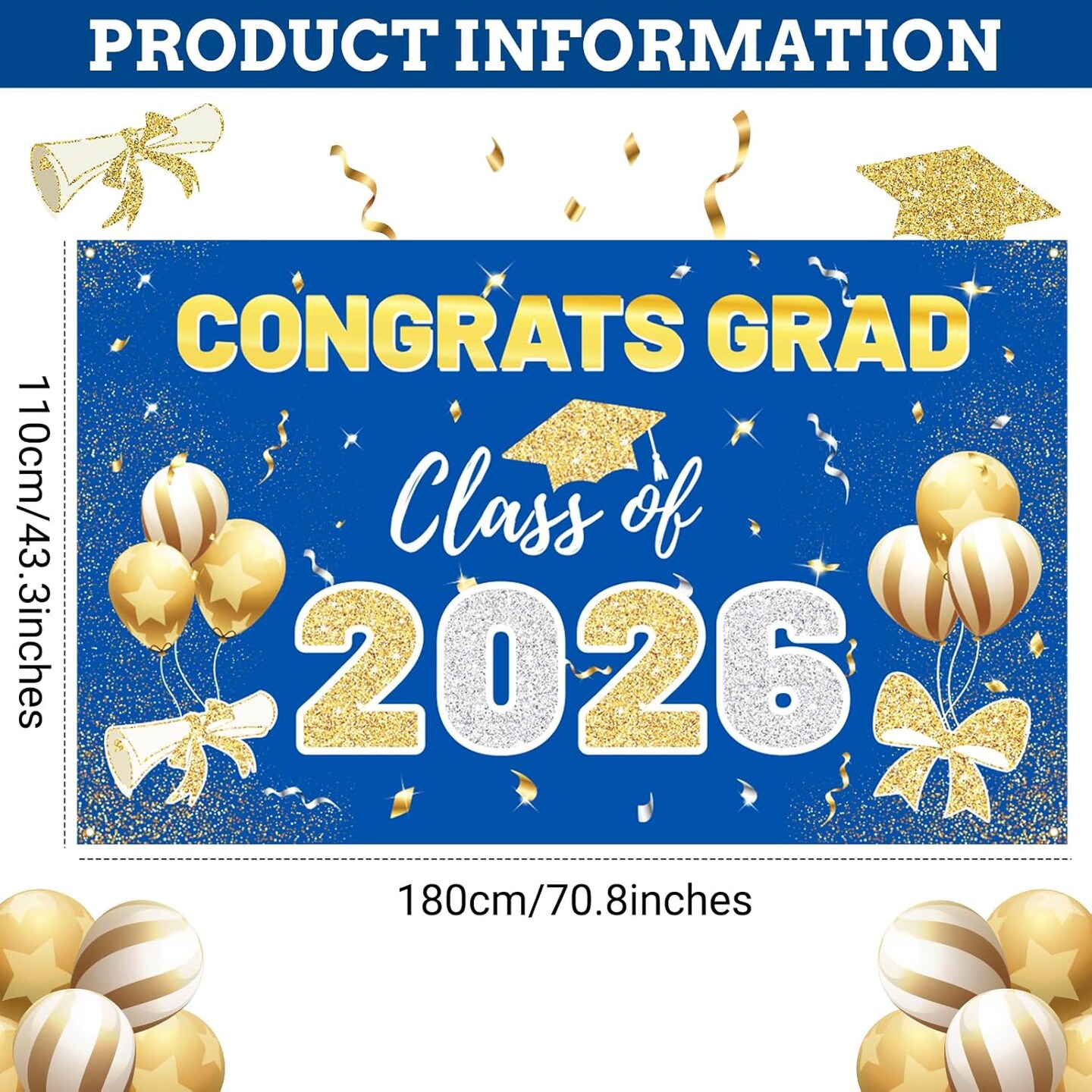 Graduation Party Decoration – 2026 Blue & Gold Congrats Grad Polyester Backdrop Banner, Large Class of 2026 Photography Background Wall Decor for Graduation Party