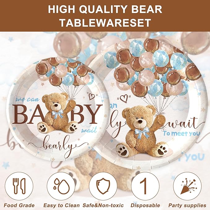 120pc "We Can Bearly Wait" Baby Shower Party Supplies - Blue Teddy Bear Tableware Set for 20 Guests - Includes Dinner & Dessert Plates, Cups, Napkins & Forks - Whimsical Bear Decorations for Boys