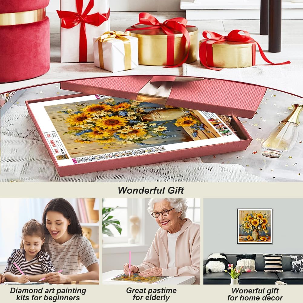 Sunflower Diamond Art Kits for Adults - 11.8x11.8 Inch 5D Full Drill Round Diamond Painting - DIY Floral Gem Art for Beginners - Rhinestone Bead Craft for Home Wall Decor & Creative Gifts