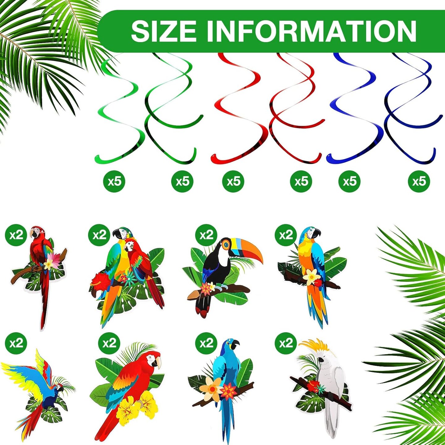 30-Piece Tropical Birds Hanging Swirl Decorations | Toucan & Parrot Foil Ceiling Danglers for Hawaiian Luau, Summer Beach, Pool Party & Birthday Supplies