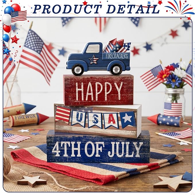4 Pcs 4th of July Decorations Patriotic Memorial Day Tabletop Decorations Red White Blue Table Centerpieces Sign for Office Tiered Tray Home Shelf 250th Anniversary(Happy Usa)