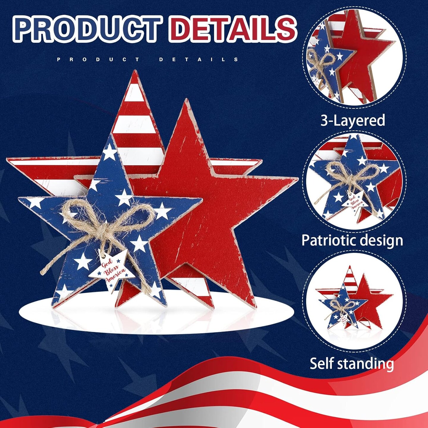 2 Pcs 4th of July Wooden Star Decorations, Patriotic Faith Signs with “Freedom” & “God Bless America” – Rustic Tabletop Centerpieces for Independence Day & Memorial Day Home Décor