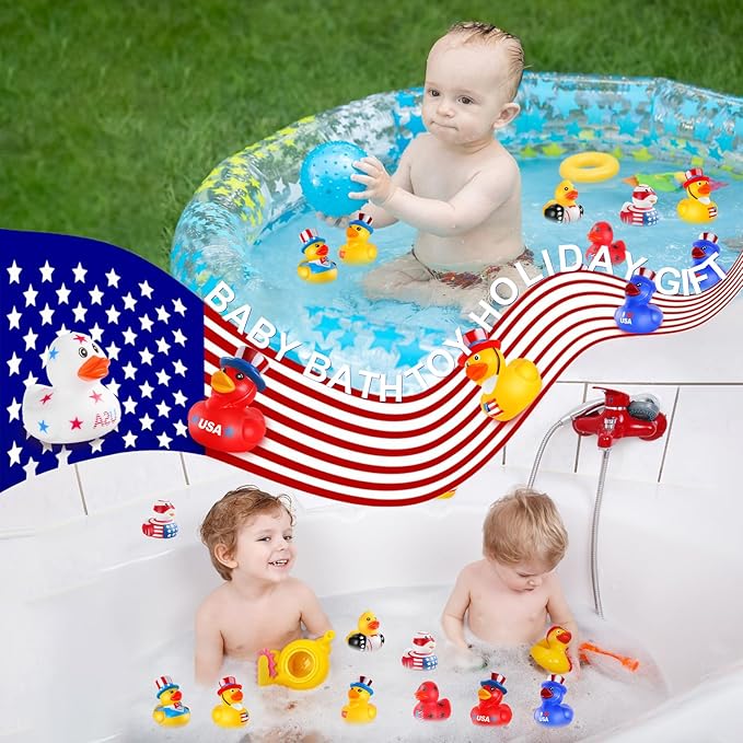 Patriotic Rubber Ducks - 24 Pcs Independence Day Novelty Funny Squeeze Baby Shower Bathtub Ducks for Fourth of July Party Supplies