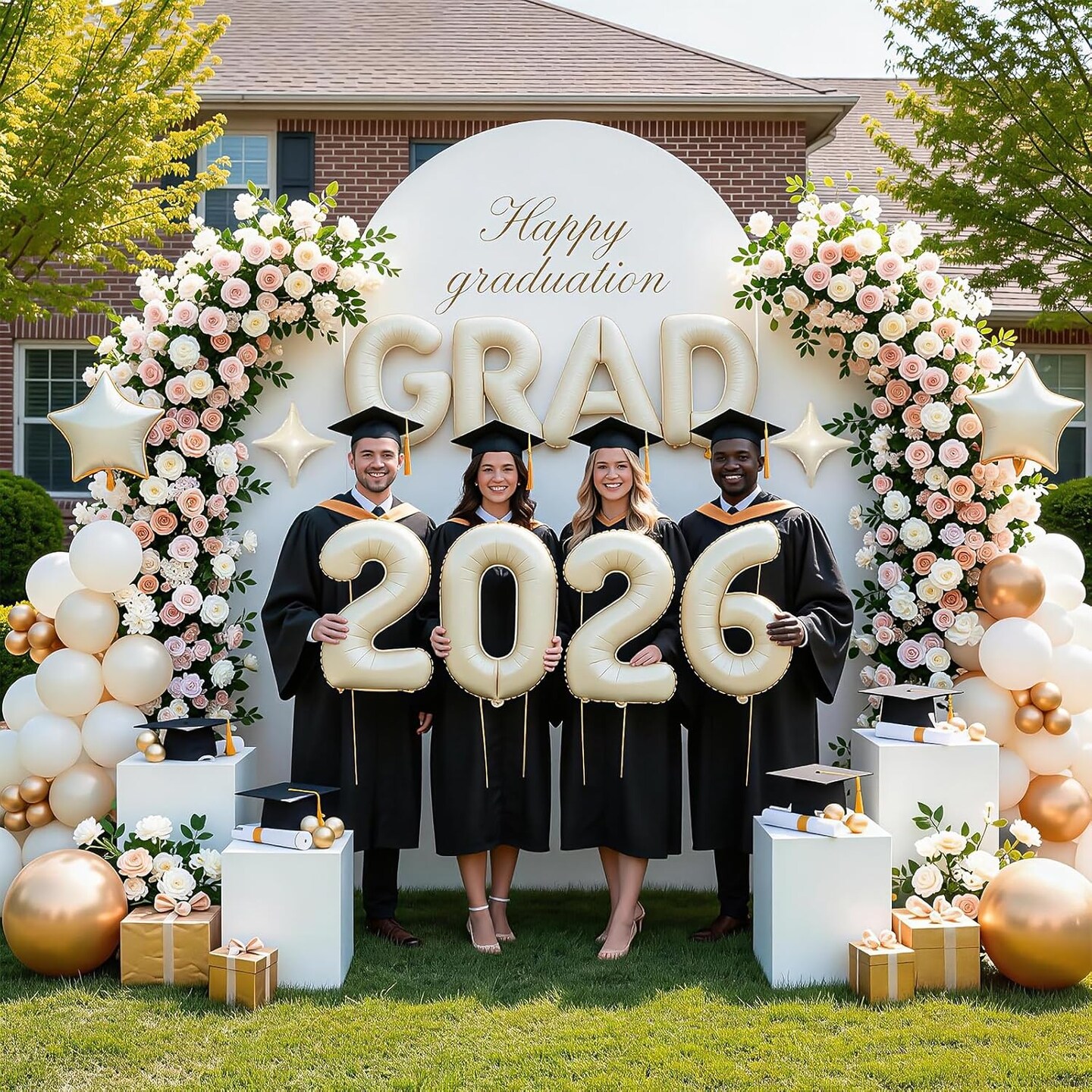Graduation Party Balloons – 12-Piece White Sand “GRAD 2026” Foil Balloon Set with Star Accents for Class of 2026 Graduation Decorations & Photo Backdrop