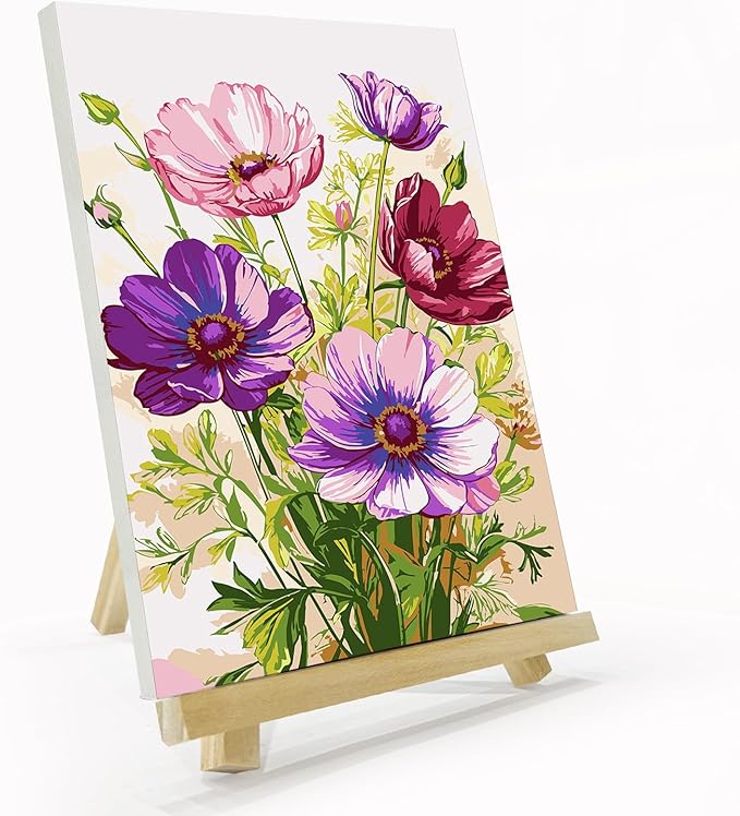 Framed Paint by Numbers for Adults with Easel, 8x12 Inch DIY Flower Acrylic Painting Kit, Small Floral Arts and Crafts for Beginners, Pre-Stretched Canvas Wall Decor & Tabletop Art Set