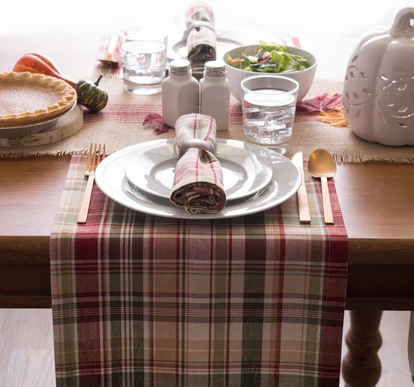 "Give Thanks" Plaid Fall Table Runner, 14x72 Inch 100% Cotton Thanksgiving Tabletop Decor, Classic Autumn Harvest Checked Linen for Dining, Foyer & Entryway Tables