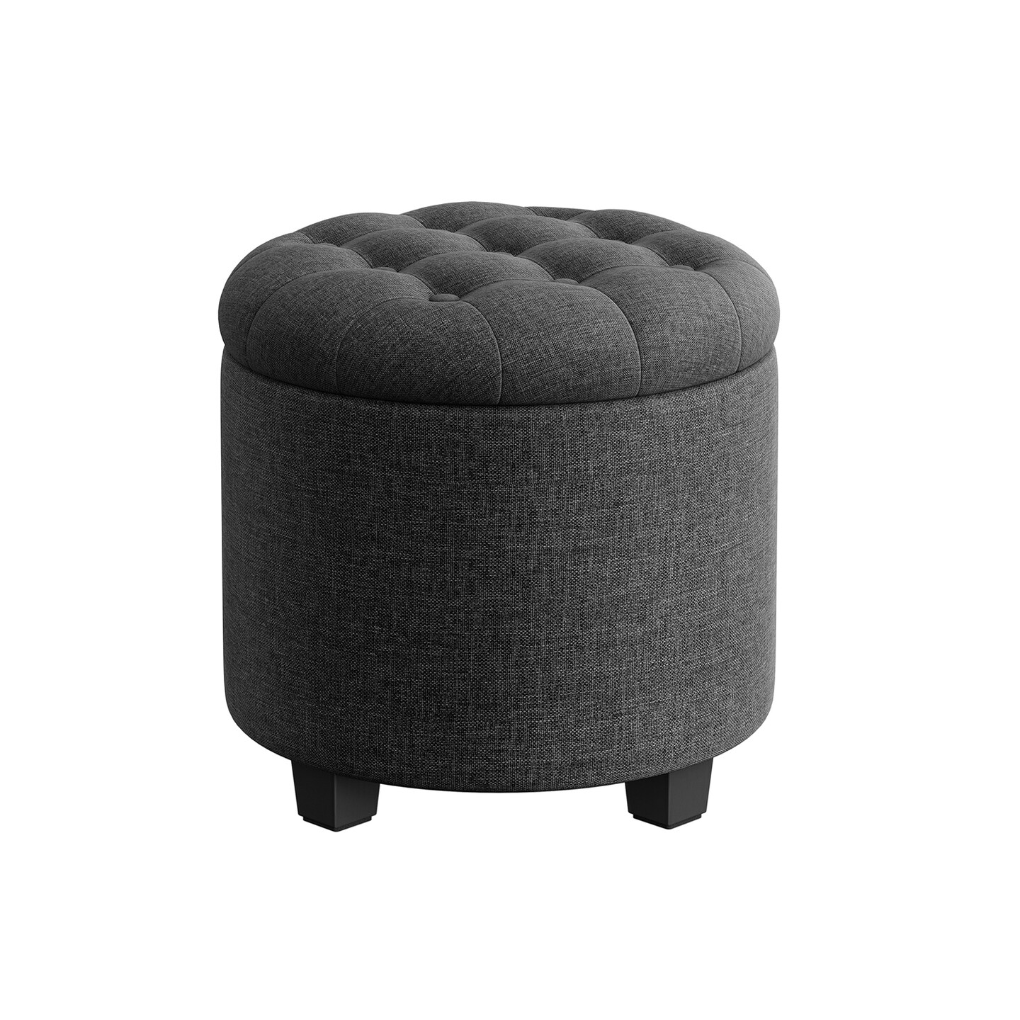Round Storage Ottoman with Hidden Storage Upholstered Footstool Tufted Linen Look Fabric 330 LBS Capacity Dark Gray