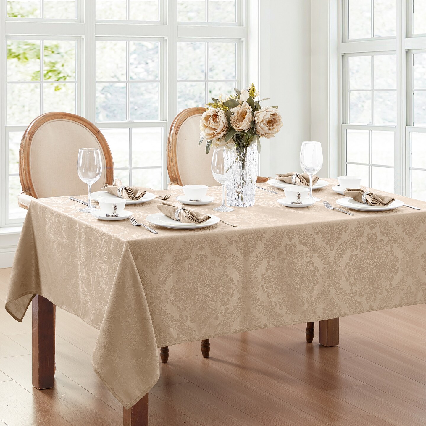 Threadmade Home Caiden Elegance Damask Tablecloth, Taupe - 52"W x 52"L Square