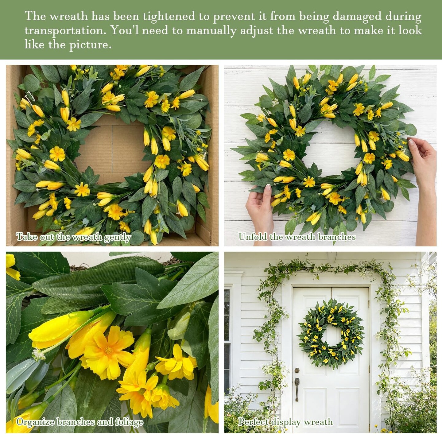 24" Large Yellow Tulip Spring Wreath – Artificial Silk Flower Door Wreath with Mixed Greenery for Front Door, Porch, Farmhouse & Outdoor Home Decor