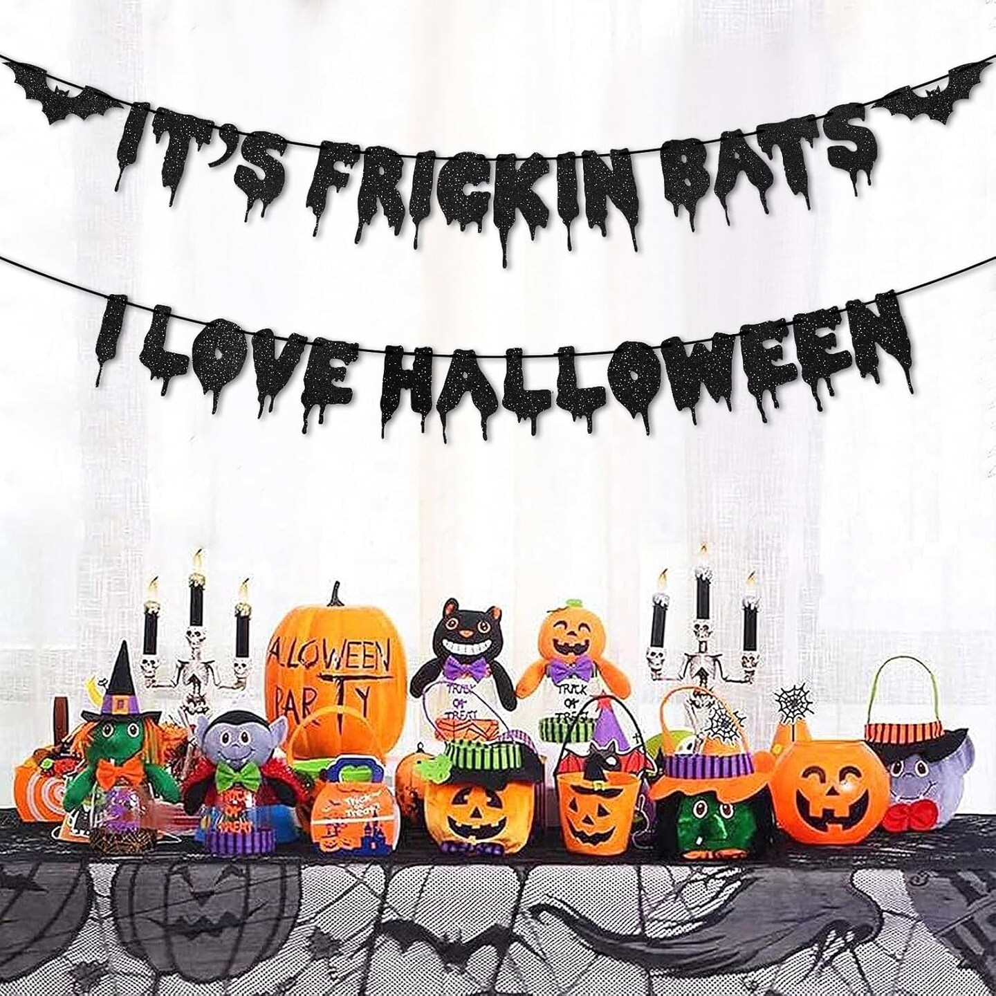 Black Glitter It&#x27;s Frickin Bats I Love Halloween Banner