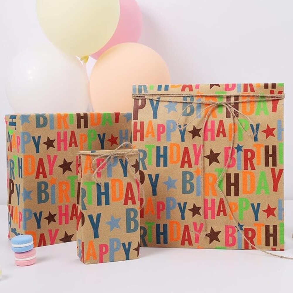 LaRibbons 17" X 33' Kraft Wrapping Paper | Happy Birthday Text