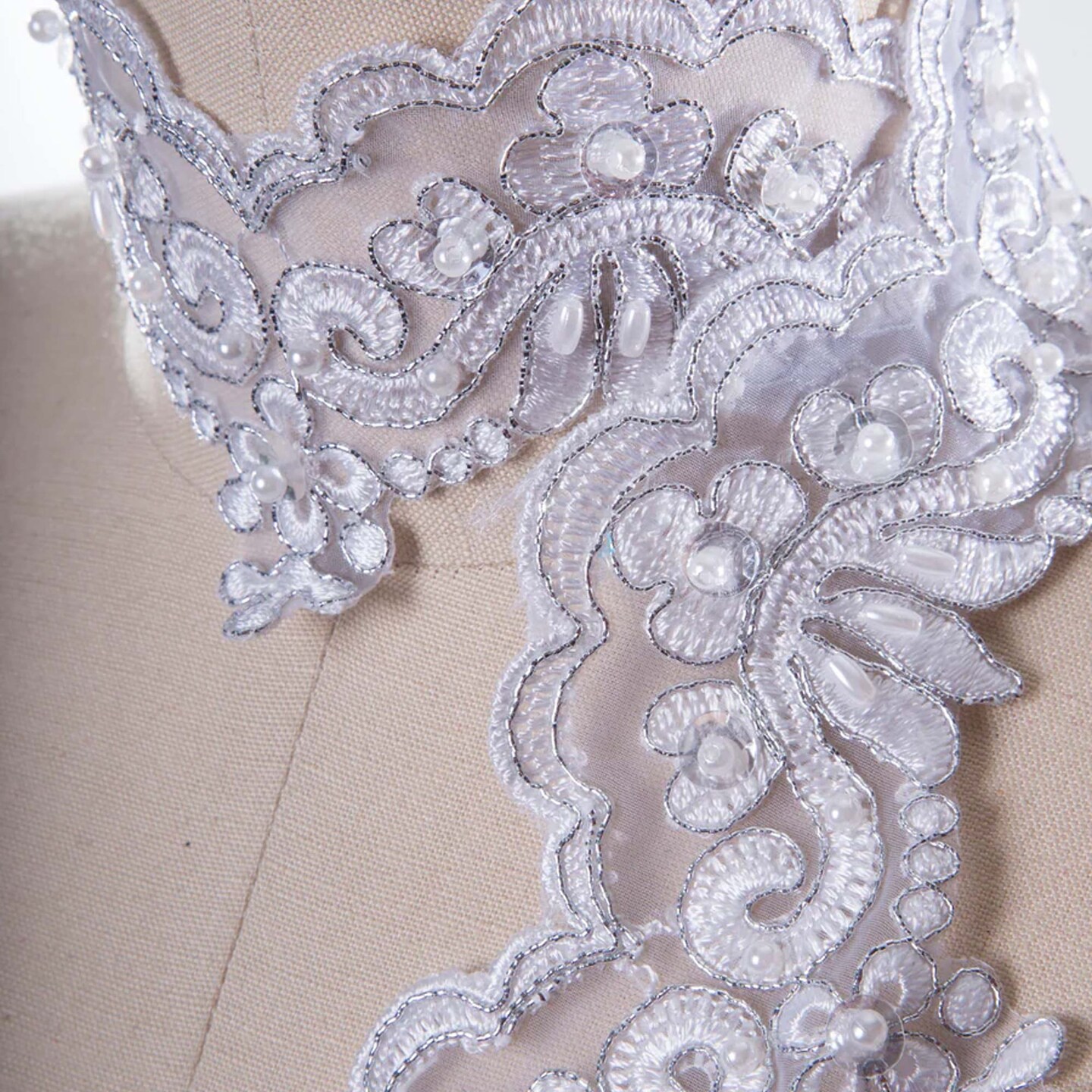 1 Yard 2.5" Wide Metallic Silver Bridal Lace Trim Chiffon with Pearls & Sequins