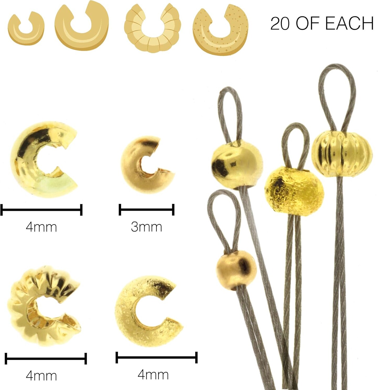 The Beadsmith Basic Elements The Beadsmith Basic Elements Crimp Bead Covers for Hiding Crimped Beads and Preventing Snagging Jewelry on Fabric, Assorted Sizes, Gold Color Bead Covers (Gold)