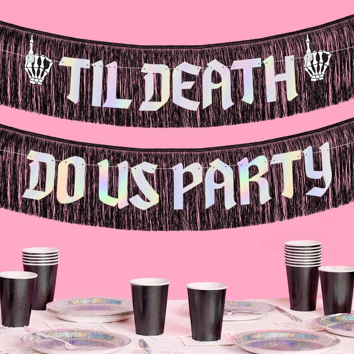 Til Death Do Us Party Fringe Banner - Black + Iridescent, 5 Ft