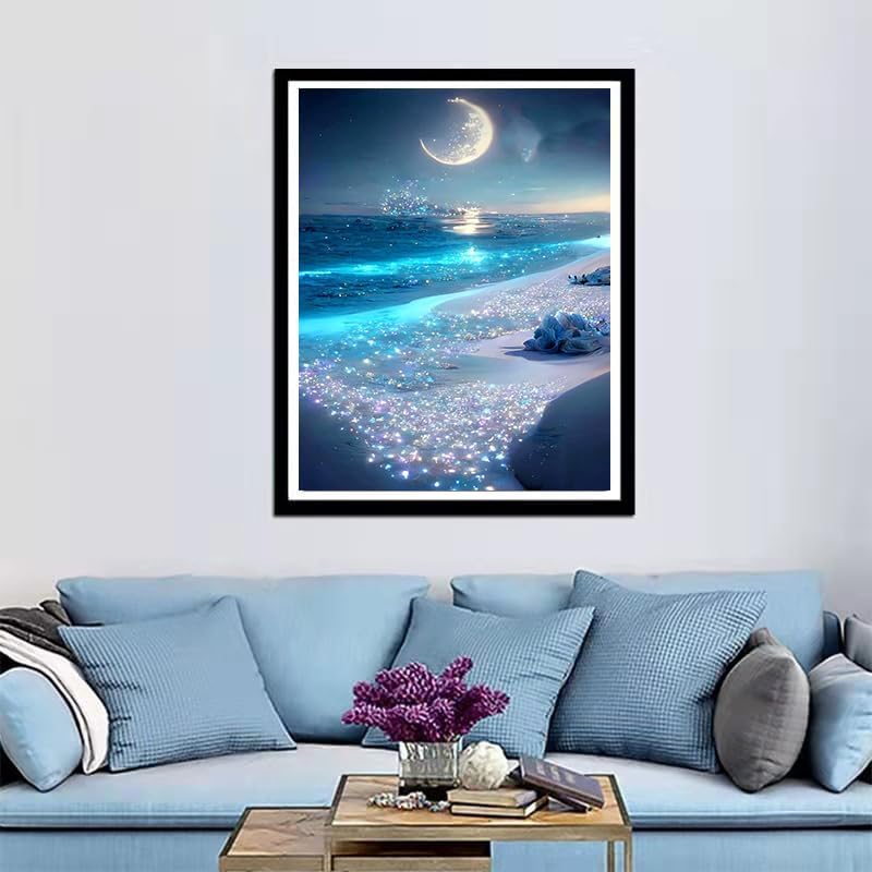 Beach Diamond Art Painting by Number Kits,Seaside Night 5D Diamond DIY Painting for Adult