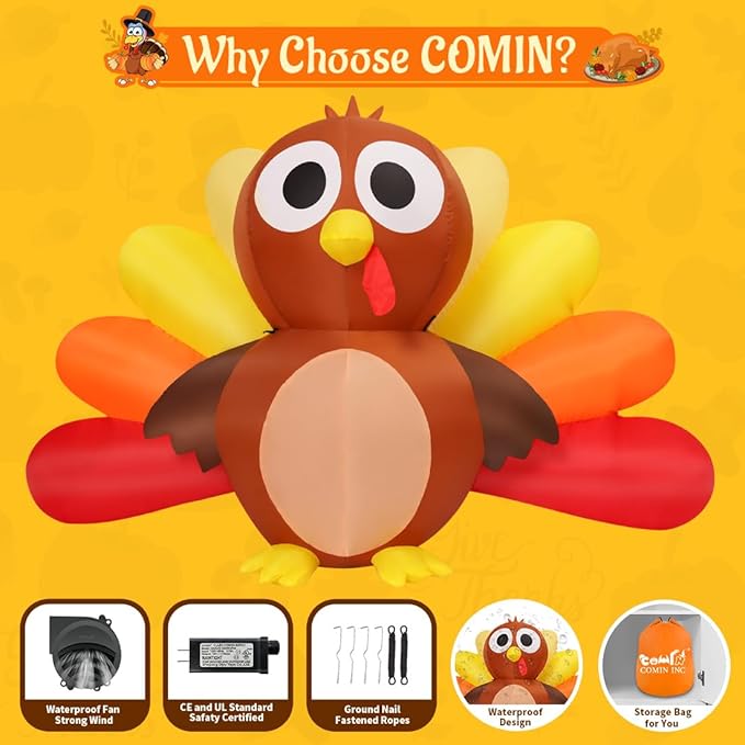 GOOSH 6.7 FT Long Thanksgiving Inflatables Turkey Baby with Built-in LEDs
