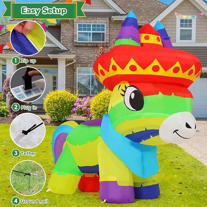GOOSH 4 FT Cinco De Mayo Inflatables Horse Colorful Mexican Fiesta with Built-in LEDs