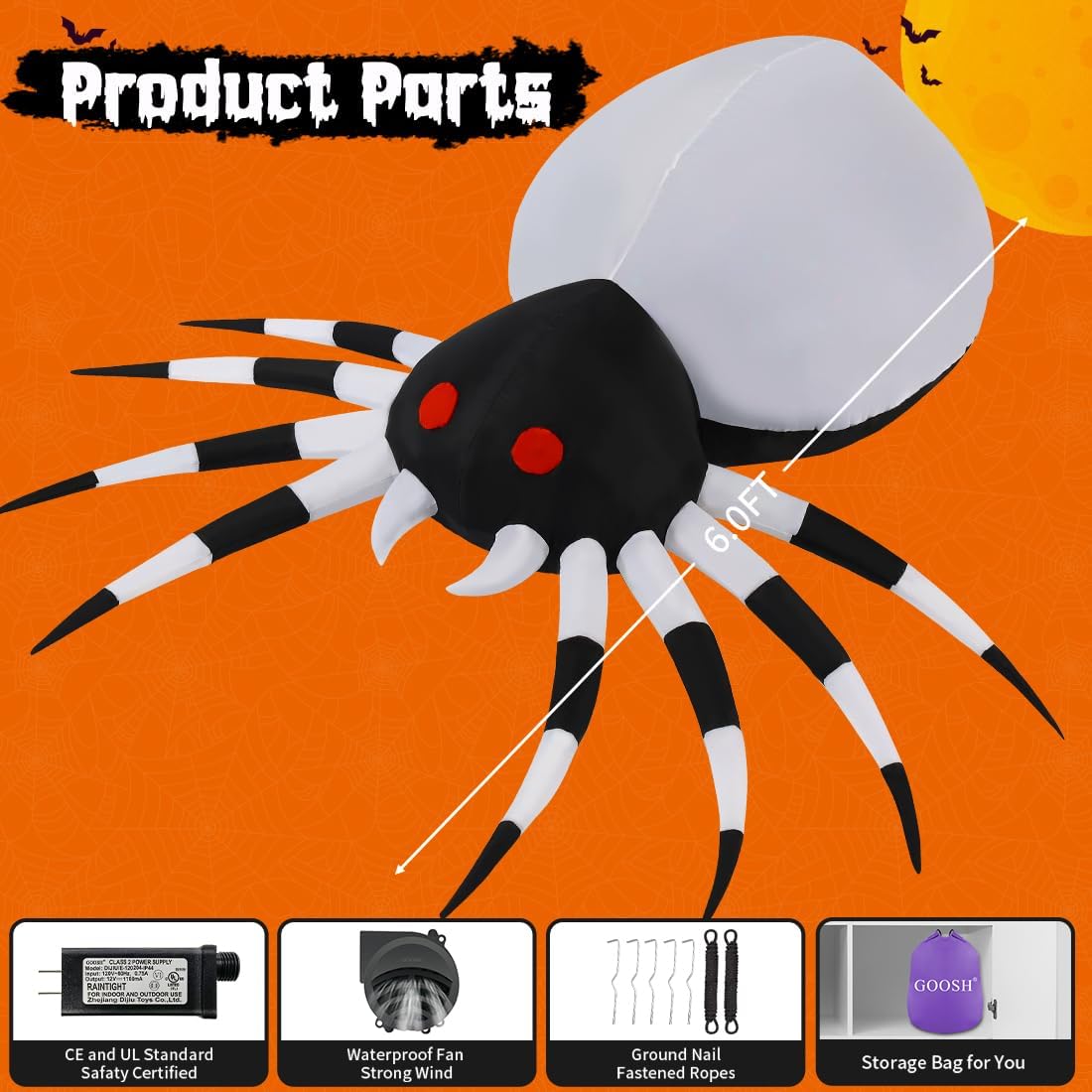 GOOSH 6 FT Height Halloween Inflatables Outdoor Spider with Magic Light, Blow Up with LED Lights