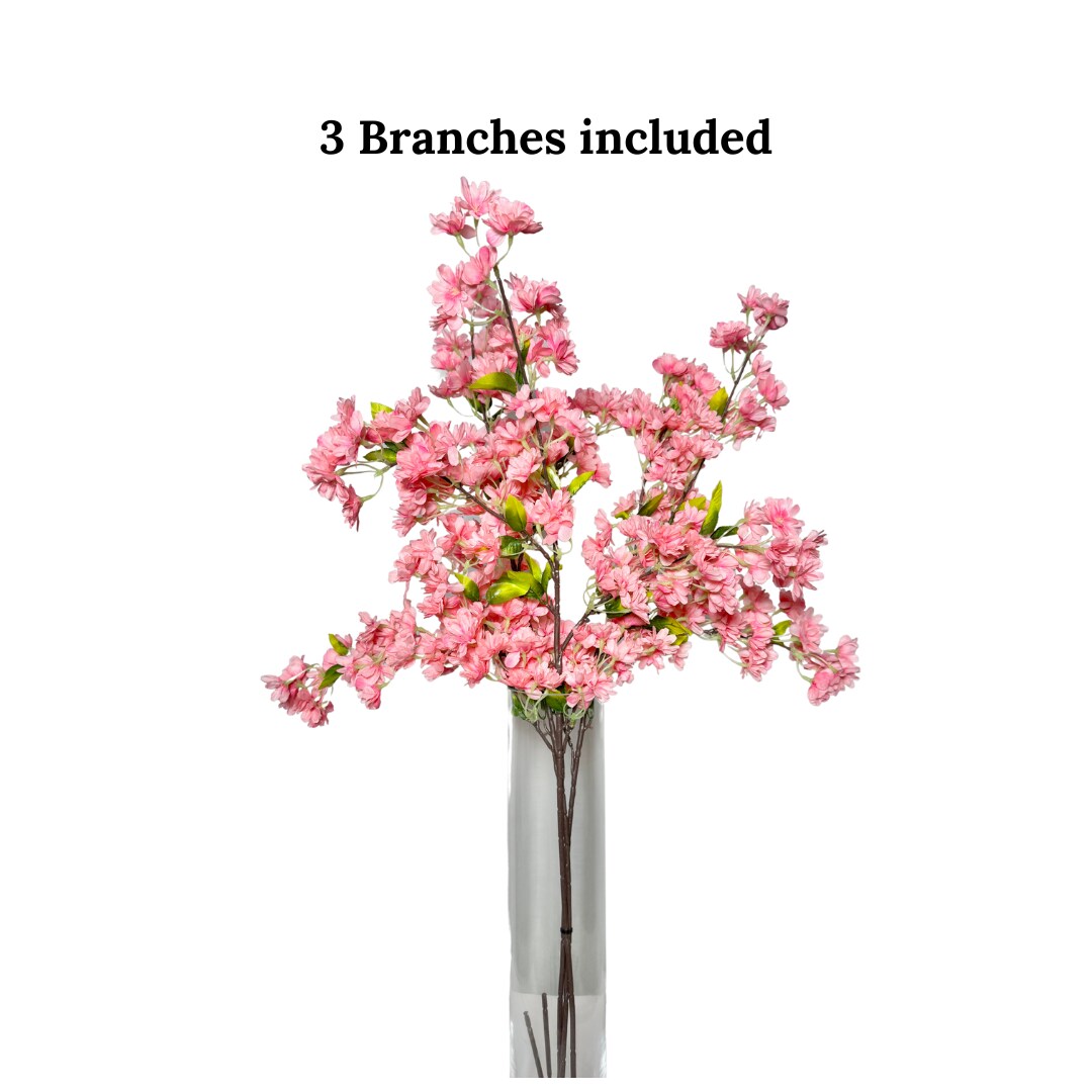 Japan Bright Pink Silk Cherry Blossom Flower 40" Tall, Set of 3 Branches Realistic Faux Floral Stems for Home