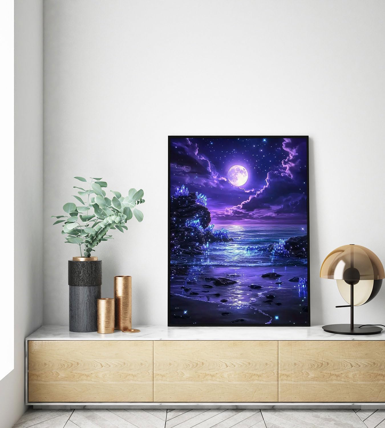 5D Purple Moonlight Beach Diamond Art Kits for Adults,Full Round Drill Diamond Painting Kits for Beginner Full Moon Seaside