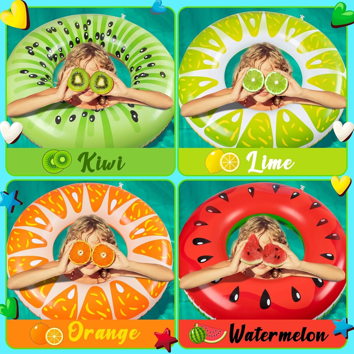 7PCS Fruit Pool Floats: Watermelon Kiwi Orange Lemon Swimming Rings