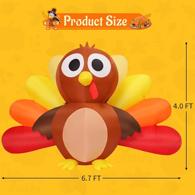 GOOSH 6.7 FT Long Thanksgiving Inflatables Turkey Baby with Built-in LEDs