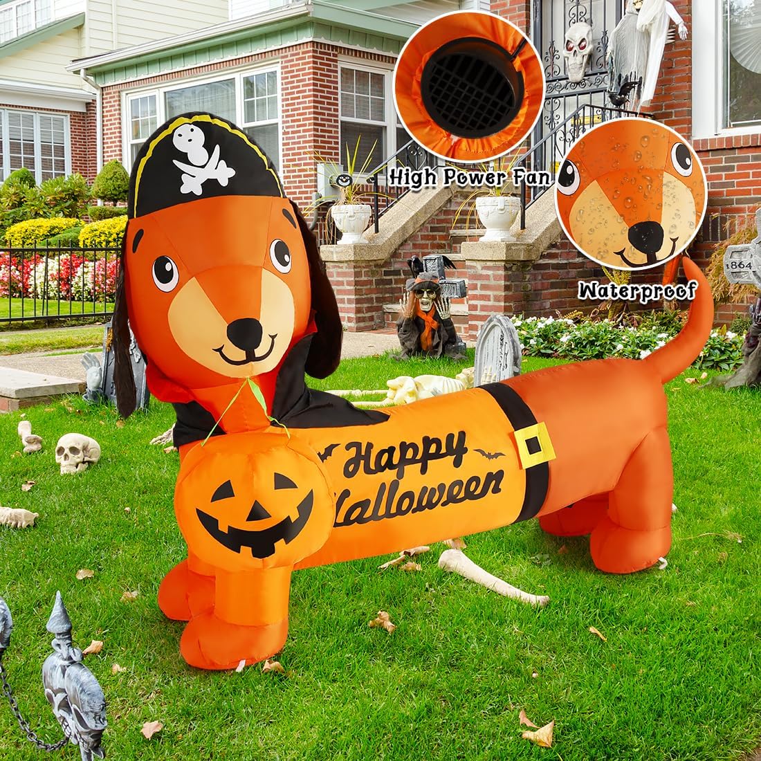 GOOSH 5 FT Halloween Inflatable Outdoor Dog with a Pumpkin & Pirate Hat