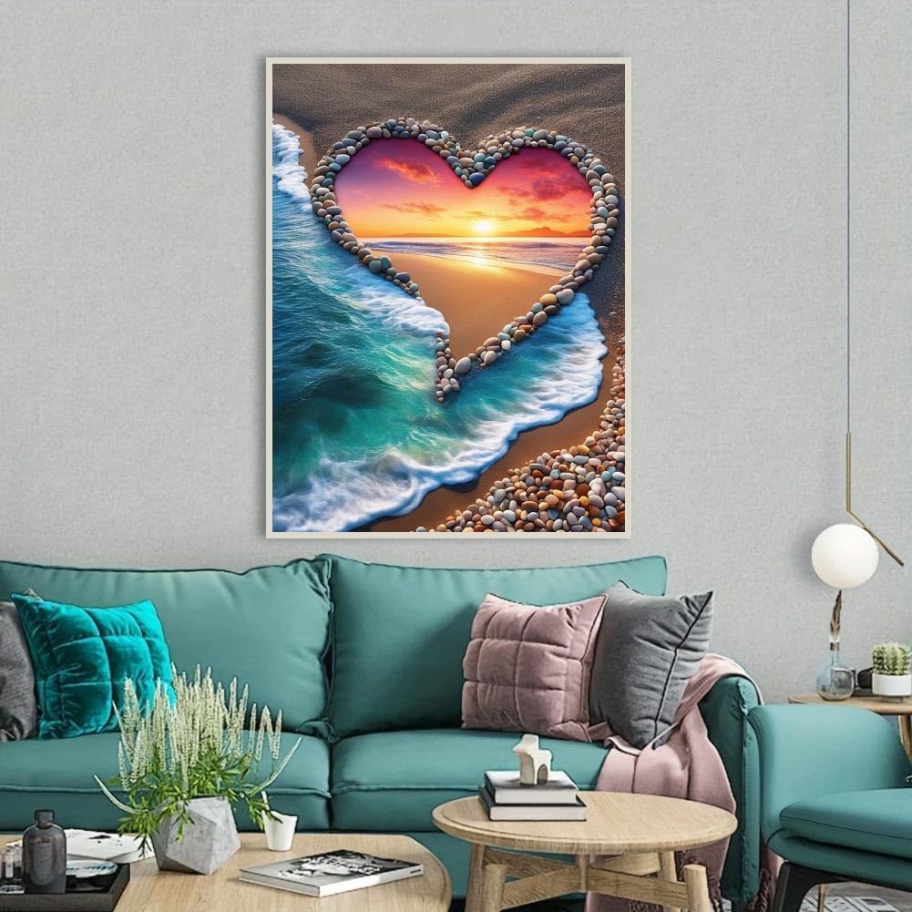 Beach Diamond Painting Kits for Adults, 5D Love Diamond Art Kits for Beginners, DIY Full Round Drill Paint by Diamonds,Sunset Diamond Art Kits Diamond Dots Home Wall