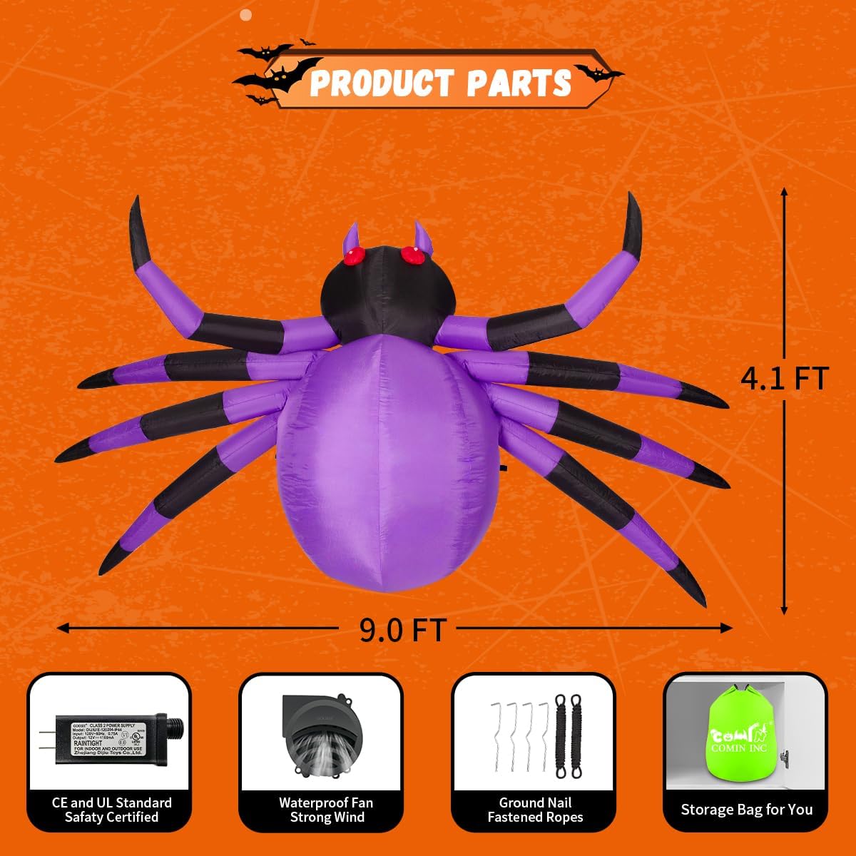 GOOSH Halloween Inflatables Outdoor Decorations, 9 FT Width Purple Spider-with LED Lights