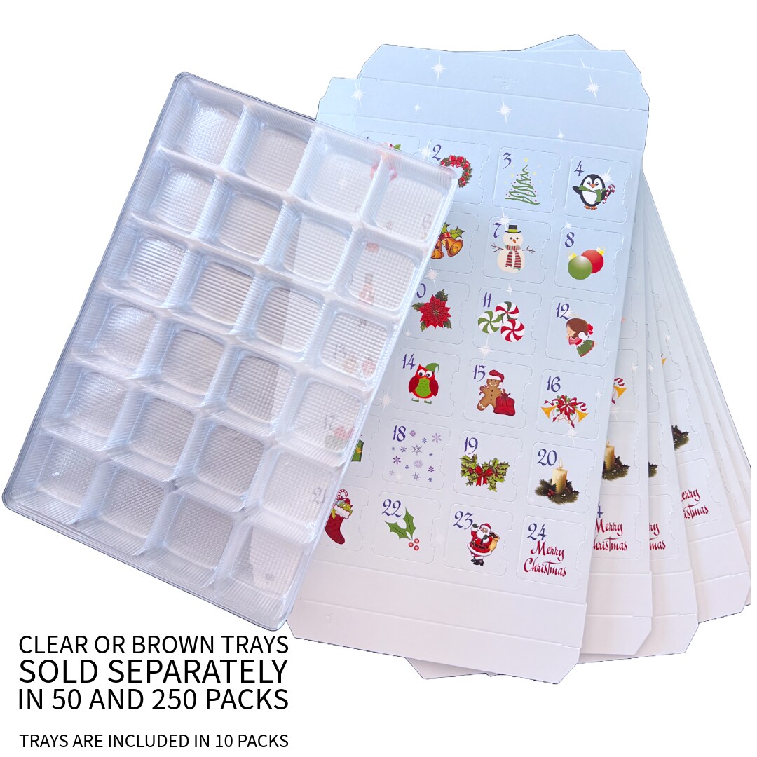 Made in USA - 10 Sets - Fillable (empty) Advent Calendar Candy Boxes and Trays - Blue - 10 Boxes and 10 Clear Trays - Food Safe
