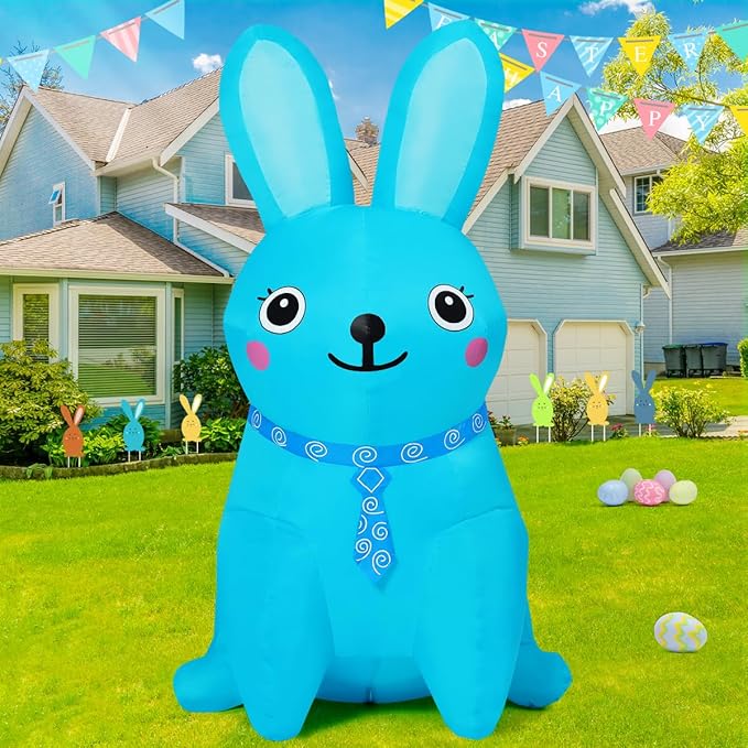 GOOSH 5 FT Easter Inflatables Bunny Blue and Pink Rabbit with Built-in LEDs