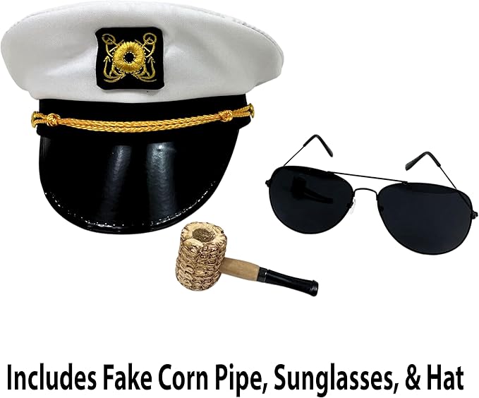 4E&#x27;s Novelty Yacht Captain Hat Costume Accessories Set with Adjustable Hat, Aviator Sunglasses &#x26; Fake Pipe &#x2013; Sailor Outfit Accessories for Adults, Men &#x26; Women &#x2013; Nautical Party &#x26; Halloween Dress Up