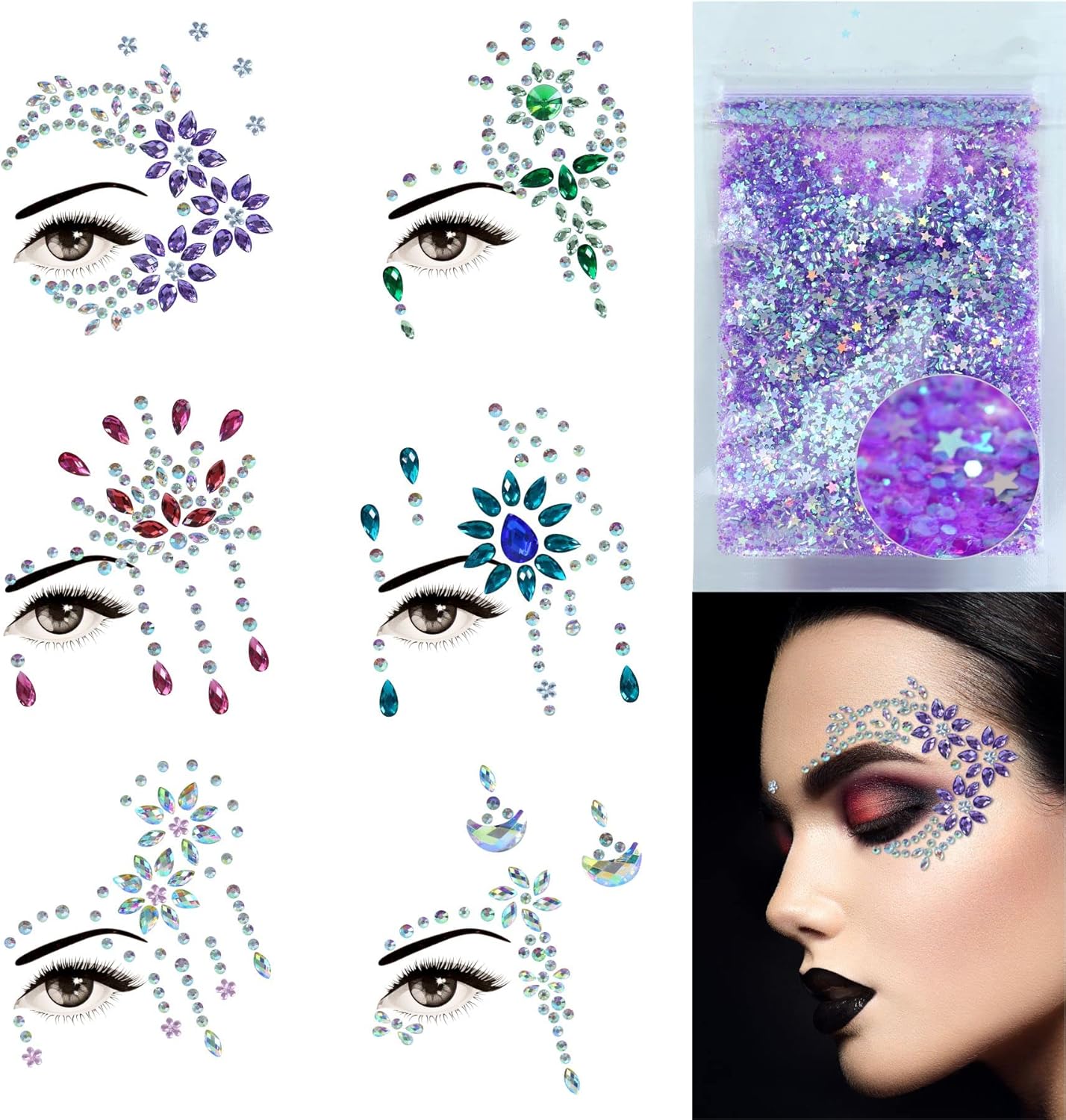 Face Jewels 6 Sheets + 10g Chunky Glitter – Stick-On Face Gems, Rhinestones & Crystals for Eyes, Face, Body | Festival, Rave, Cosplay, Party Makeup Accessories (Purple Glitter)