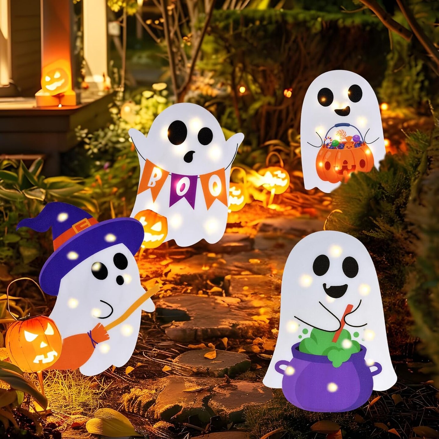 4 Packs Halloween Decorations Outdoor Scary Witch Pumpkin Boo Signs with Lights