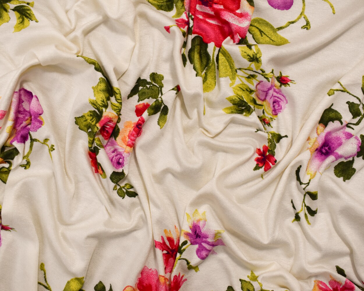 Ivory-Pink-Multi Rayon Modal Floral Printed Stretch Spandex Jersey Knit Fabric By the Yard