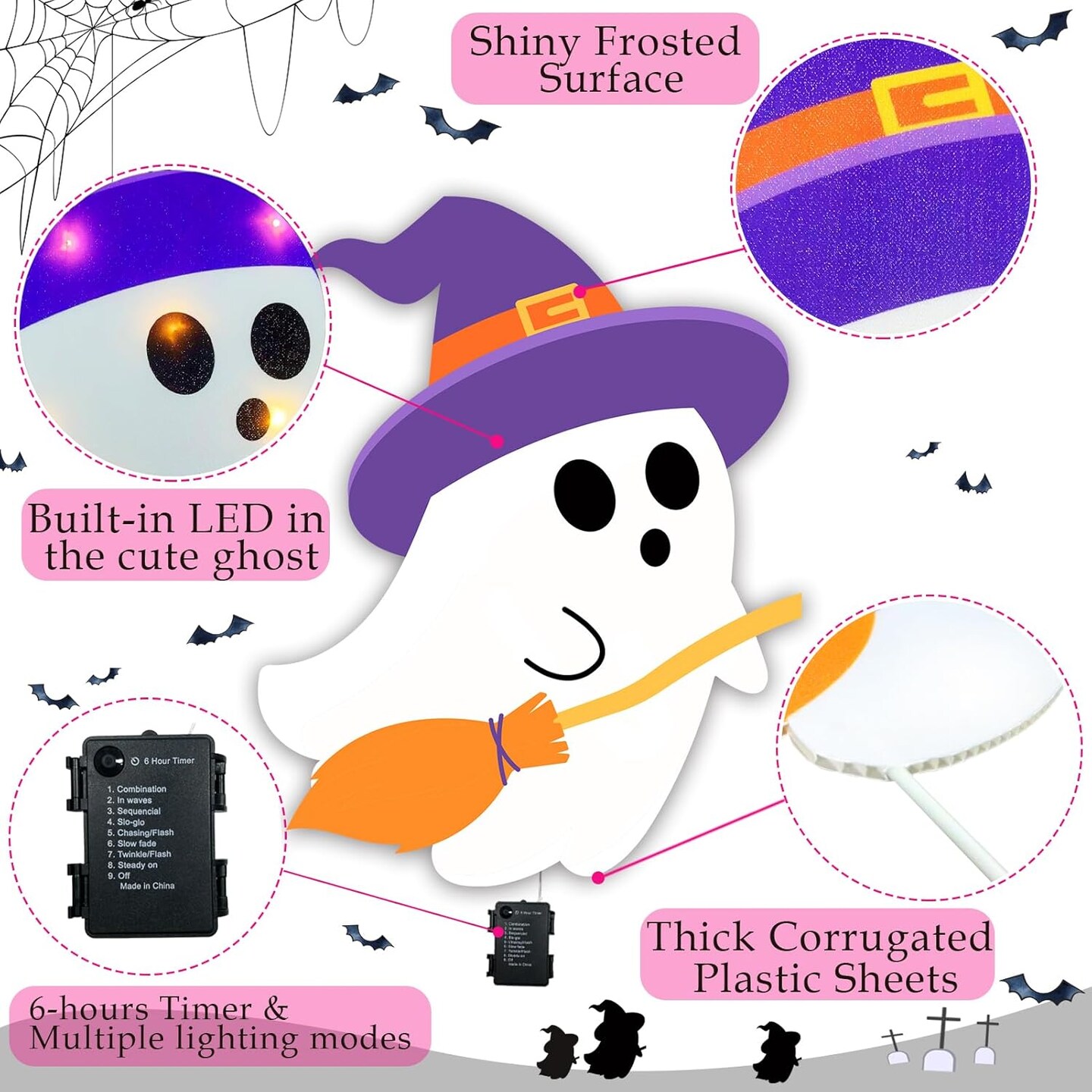 4 Packs Halloween Decorations Outdoor Scary Witch Pumpkin Boo Signs with Lights
