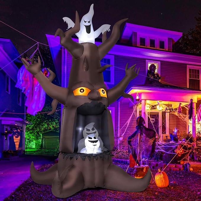 GOOSH 9 FT Halloween Inflatable Animated Dead Tree Blow Up Yard Scary Tree and White Ghost with Built-in LEDs (Tree Ghost)