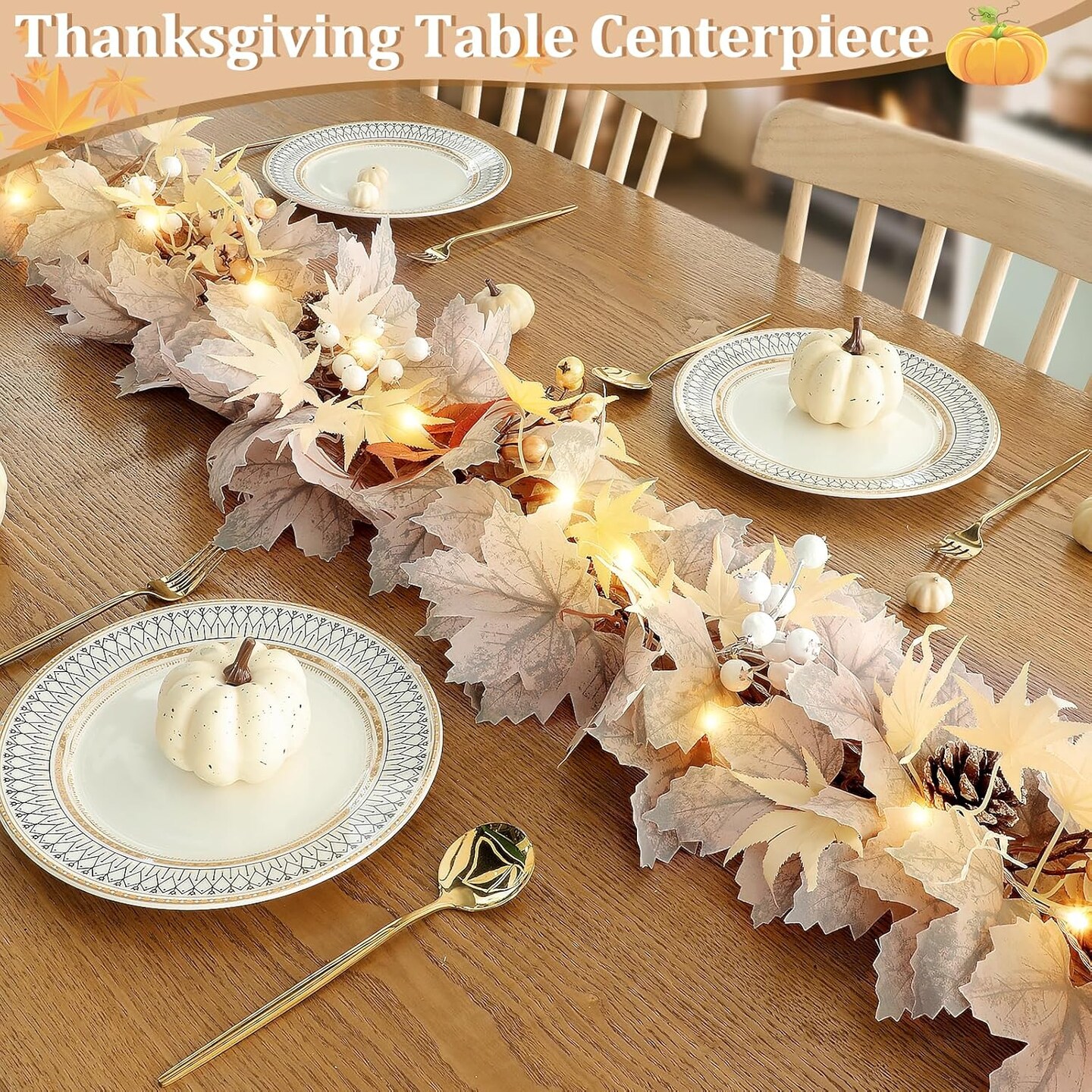 6FT Fall Thanksgiving Garland with Timer – Maple Leaf, Berries & Pinecones, 20 LED Autumn String Lights for Table, Fireplace, Wedding, Halloween & Christmas Decor (Beige)