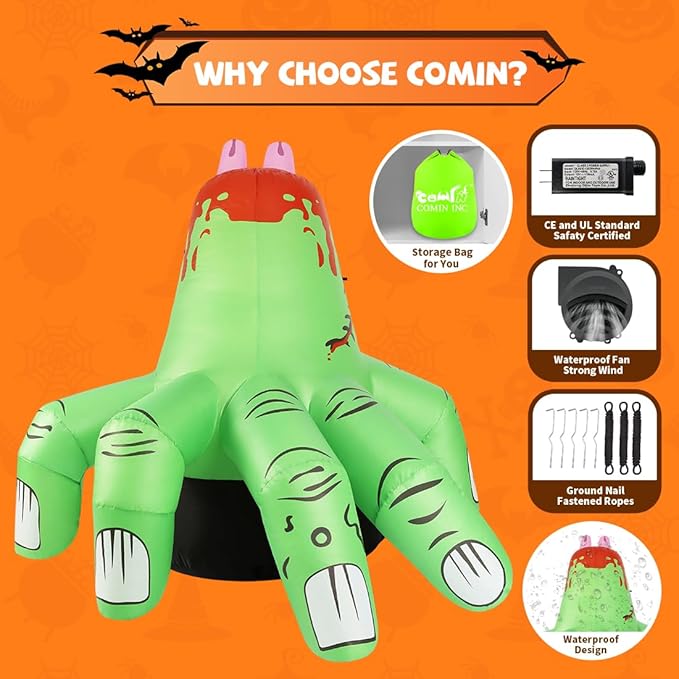 GOOSH 6 FT Halloween Inflatables Hand Blow Up Yard Scary Green Giant with Built-in LEDs