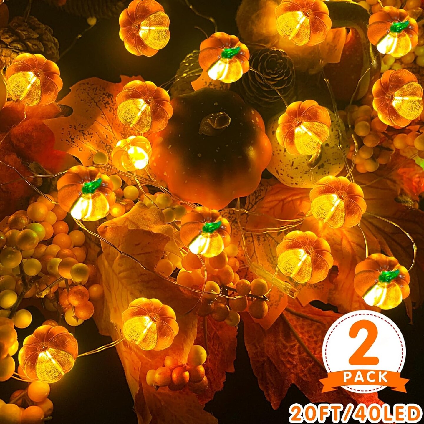 2-Pack 20FT 3D Pumpkin String Lights – 40 LED Warm White Battery-Operated Fall & Thanksgiving Garland for Indoor & Outdoor Halloween, Autumn Home Decor (White)