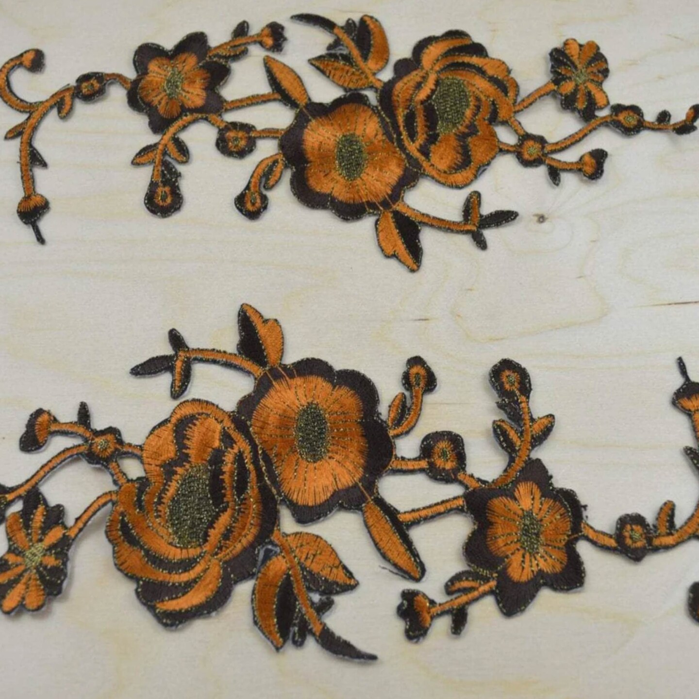 2 Pieces Brown and Rust Flower Appliques with Antique Gold Embroidery Iron On Patches