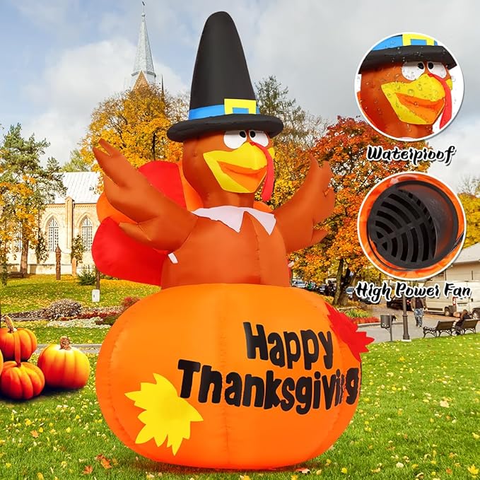 GOOSH 6 Ft Thanksgiving Inflatables Turkey Blow Up Yard Ghost with Built-in LEDs